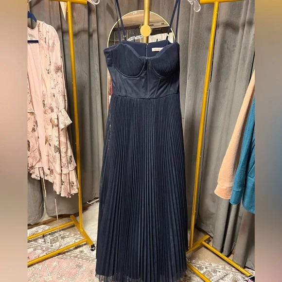 Anthropologie Hutch Amara Corset Pleated Tulle Fit & Flare Midi Dress in Navy - Picture 7 of 10